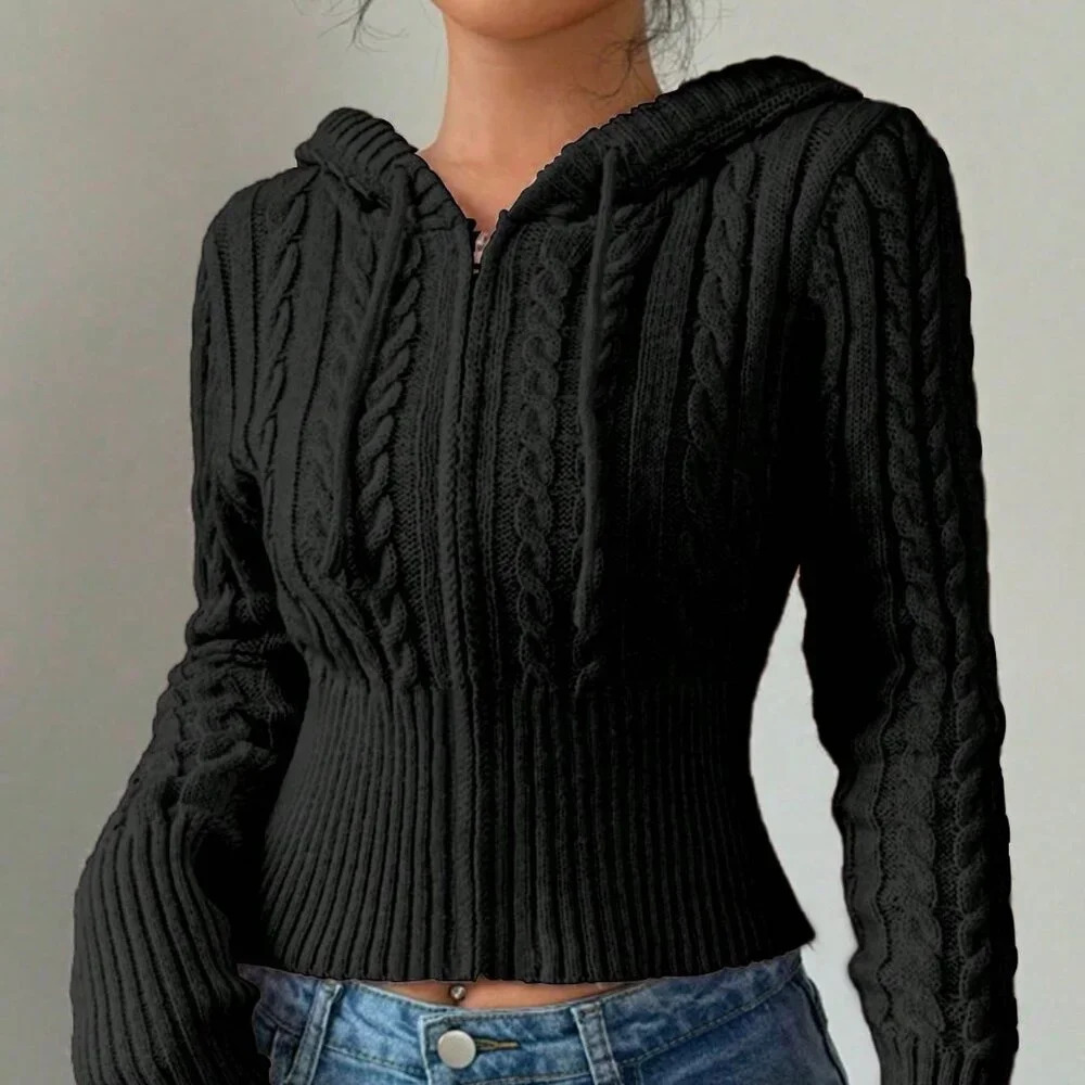 Black Casual Women's Front Zipper Long Sleeve Hooded Sweatshirt